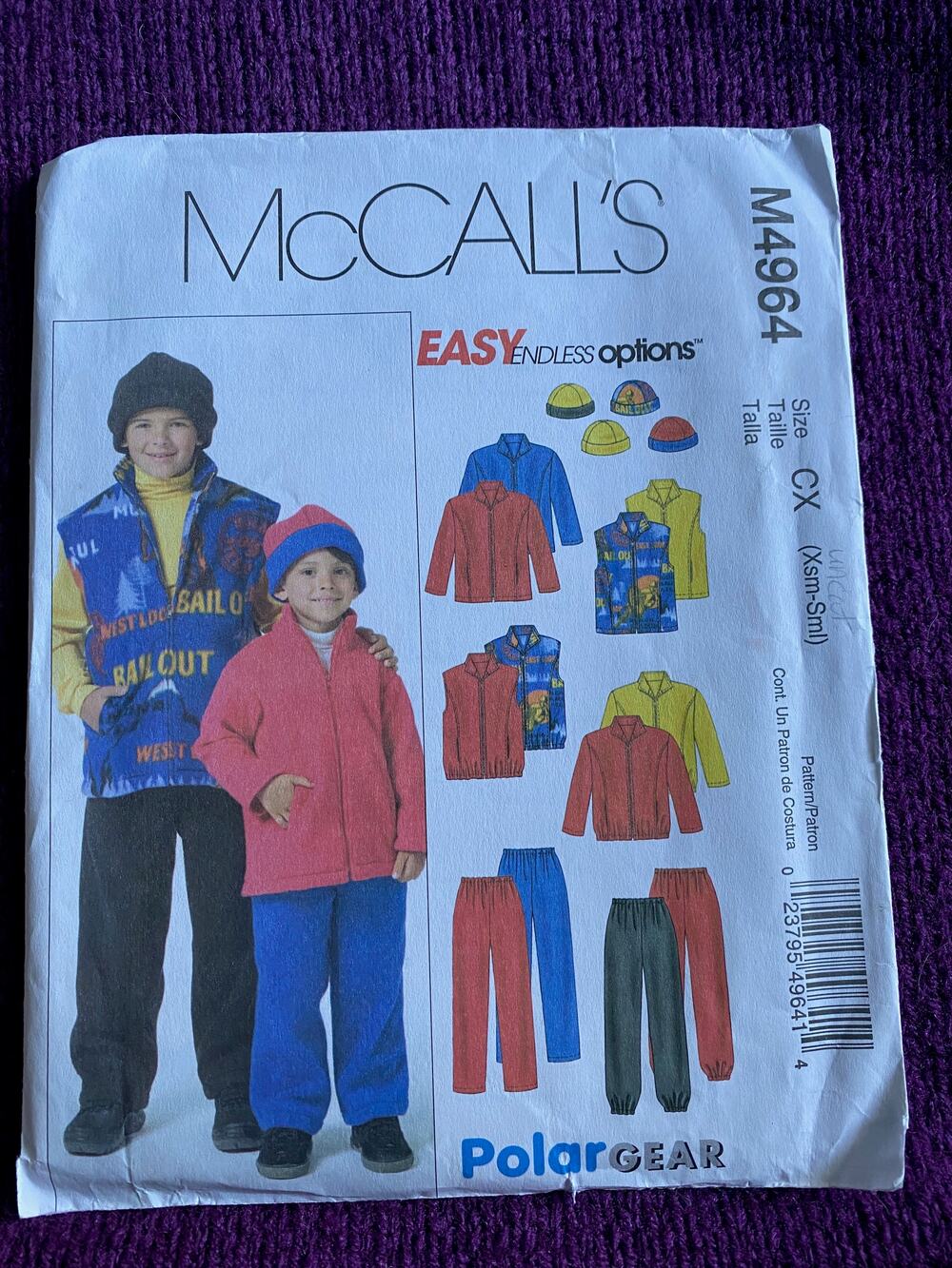 McCalls sewing pattern 4964 kids top pants hat sz xs s